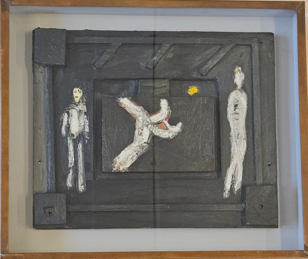 Mimmo Paladino, Untitled, 1988, oil and tar on wood, abstract figurative composition with white human figures on a dark textured background, framed artwork, Luma Arte Contemporanea.