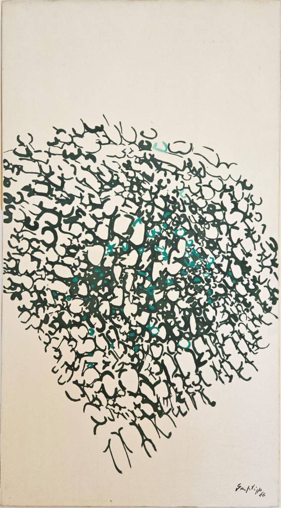 Antonio Sanfilippo abstract painting, 1966, oil on canvas, dense network of dark gestural marks with turquoise accents on light ground, published in the artist’s catalogue raisonné, Luma Arte Contemporanea.