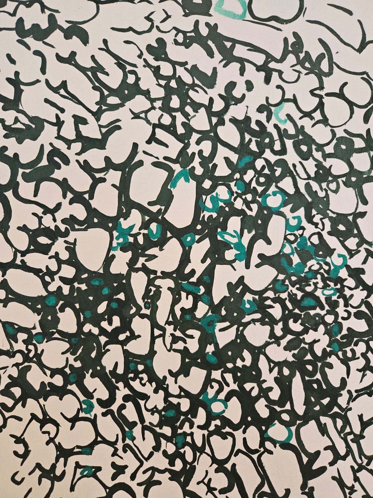 Antonio Sanfilippo abstract painting, 1966, oil on canvas, dense network of dark gestural marks with turquoise accents on light ground, published in the artist’s catalogue raisonné, Luma Arte Contemporanea.