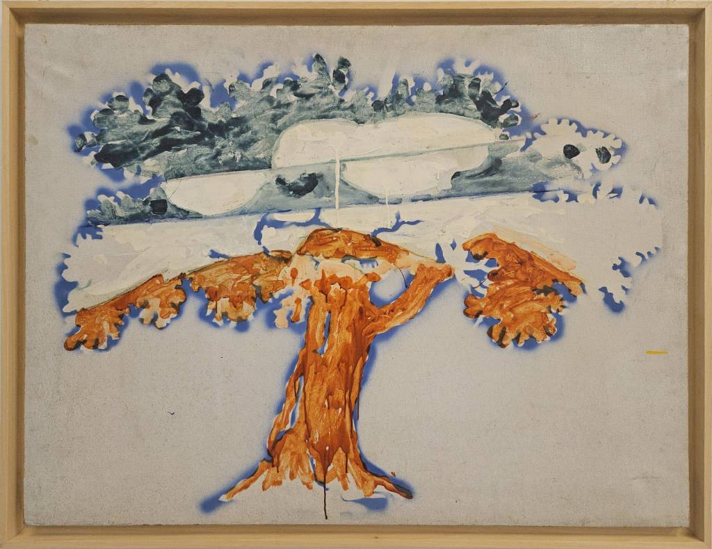 Mario Schifano Landscape + en plein air painting, 1978–79, enamel pastel and spray on canvas, stylized tree form with expressive brushwork and spray effects, framed, Luma Arte Contemporanea.