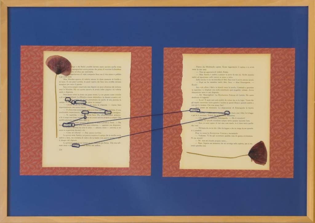 Giulia Nardone Non ha dimenticato niente ricorda e immagina di sorridere così insieme 2026 mixed media on paper artwork with two annotated book pages connected by thread and dried leaves, Luma Arte Contemporanea.