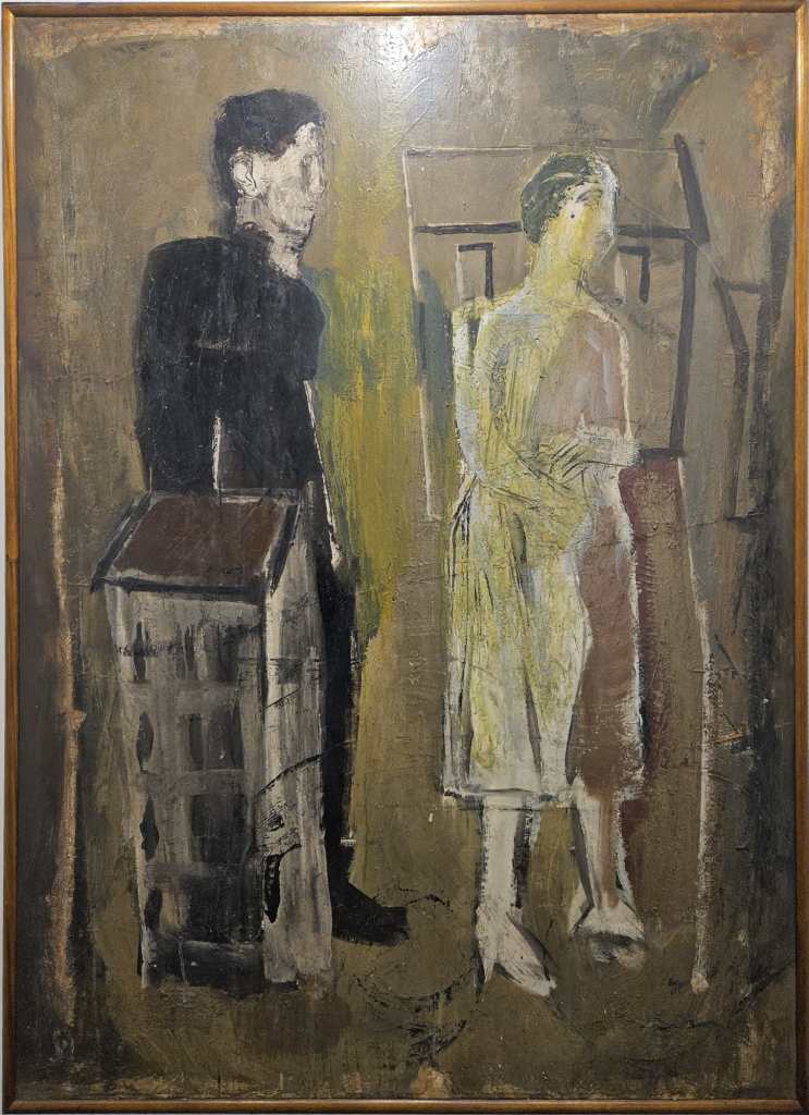 Mario Sironi Figure e case 1937 mixed media on pouncing paper laid down on canvas monumental figurative composition with architectural forms in modern Italian style, Luma Arte Contemporanea.