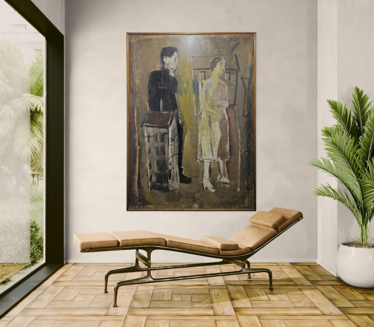 Mario Sironi Figure e case 1937 mixed media on pouncing paper laid down on canvas monumental figurative composition with architectural forms in modern Italian style, Luma Arte Contemporanea.