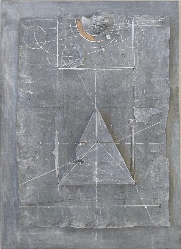 Walter Valentini Le misure il cielo 1991 mixed media on paper mounted on wood panel conceptual artwork with lines and symbols exploring space and measurement, Luma Arte Contemporanea.